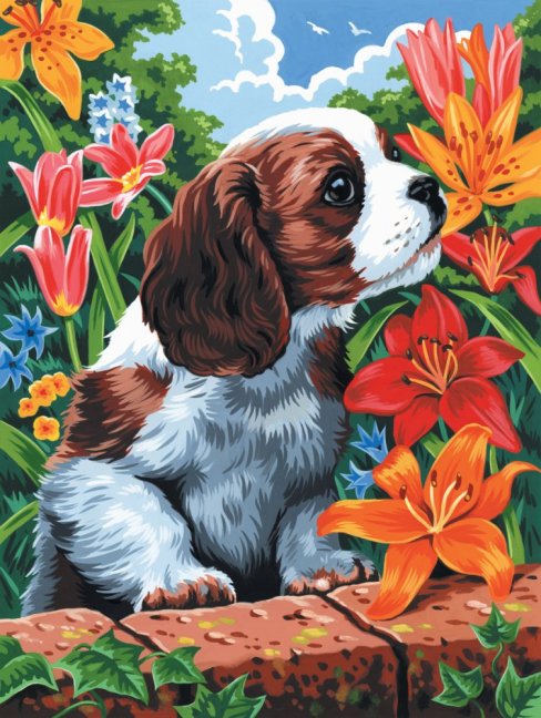 R&L Pictură după numere pe pânză – Puppy & Flowers