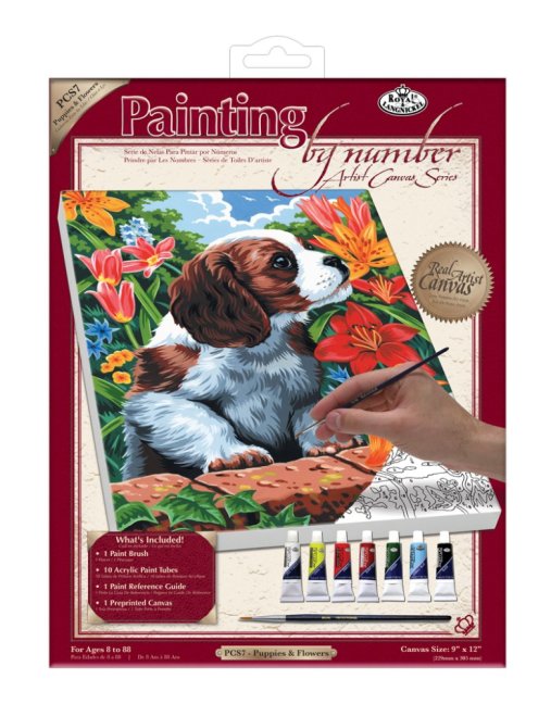 R&L Pictură după numere pe pânză – Puppy & Flowers