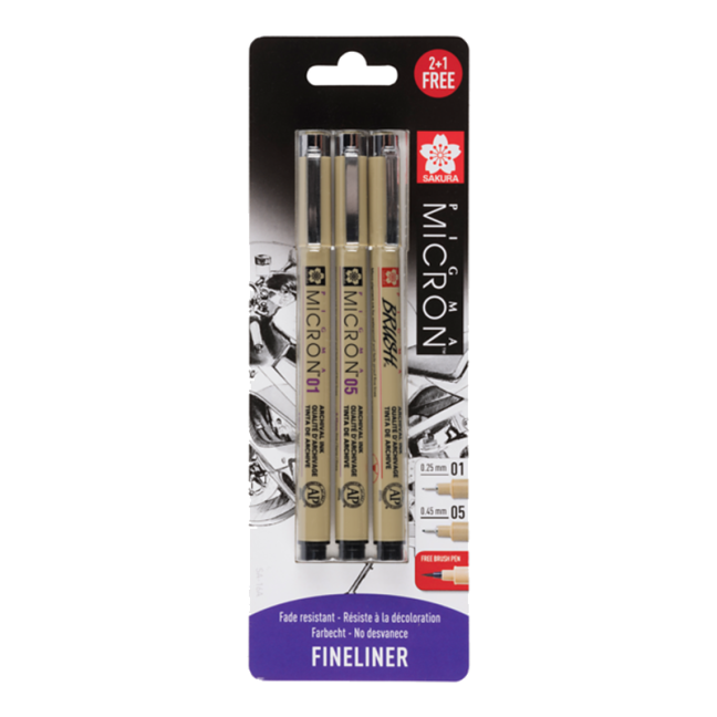 Sakura Pigma Micron® penne tecniche 01,05, Brush - set 3 pezzi in blister