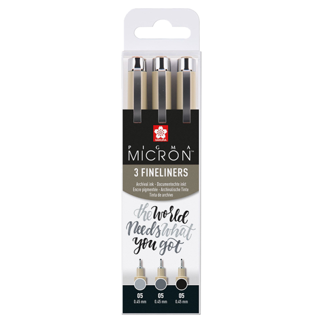 SAKURA Pigma Micron 05 set 3 pezzi - nero e grigio