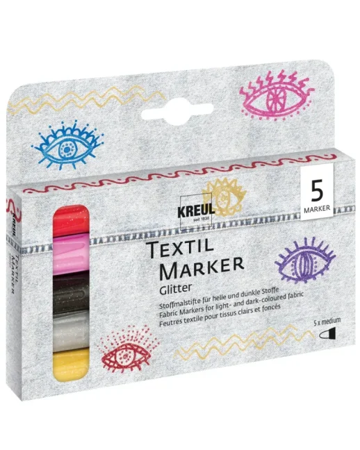 KREUL Set markere textile medium GLITTER 5 buc