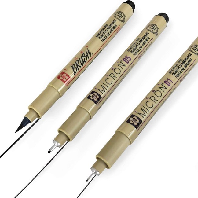Sakura Pigma Micron® penne tecniche 01,05, Brush - set 3 pezzi in blister