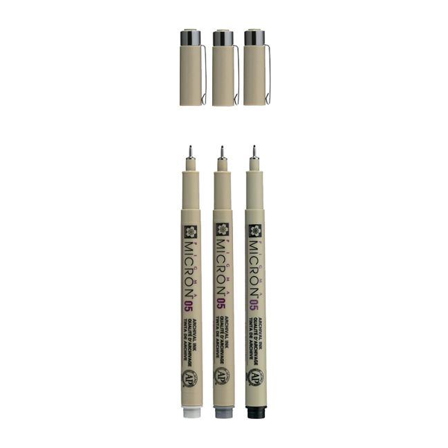 SAKURA Pigma Micron 05 set 3 pezzi - nero e grigio