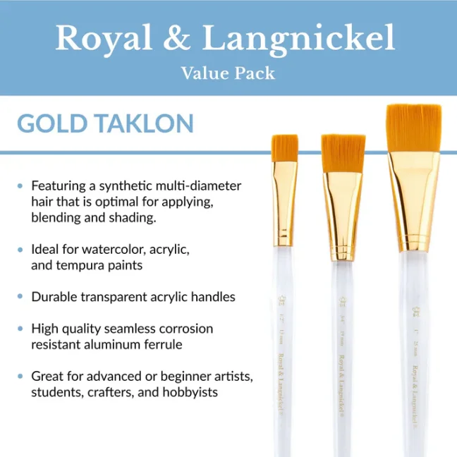 Pennelli con setole in taklon dorato mix Royal & Langnickel - 3 pezzi